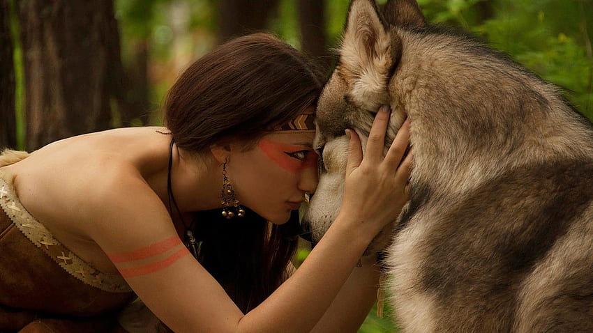 Indian, Forest, Trees, Brunettes, Wolves, Face, , Fantasy, Indian Love HD wallpaper