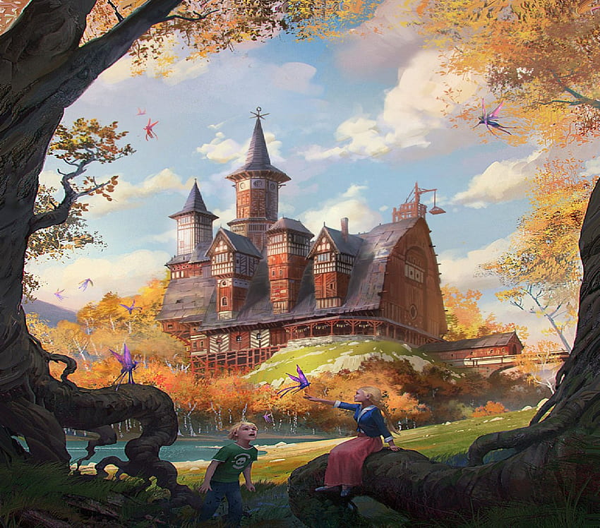 A Magial Place To Grow Up, house, kids, trees, autumn, fairies HD wallpaper