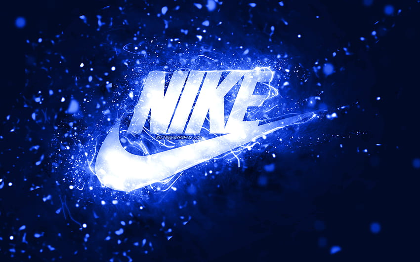 Тъмносиньо лого на Nike, тъмносини неонови светлини, креативен, тъмносин абстрактен фон, лого на Nike, модни марки, Nike HD тапет