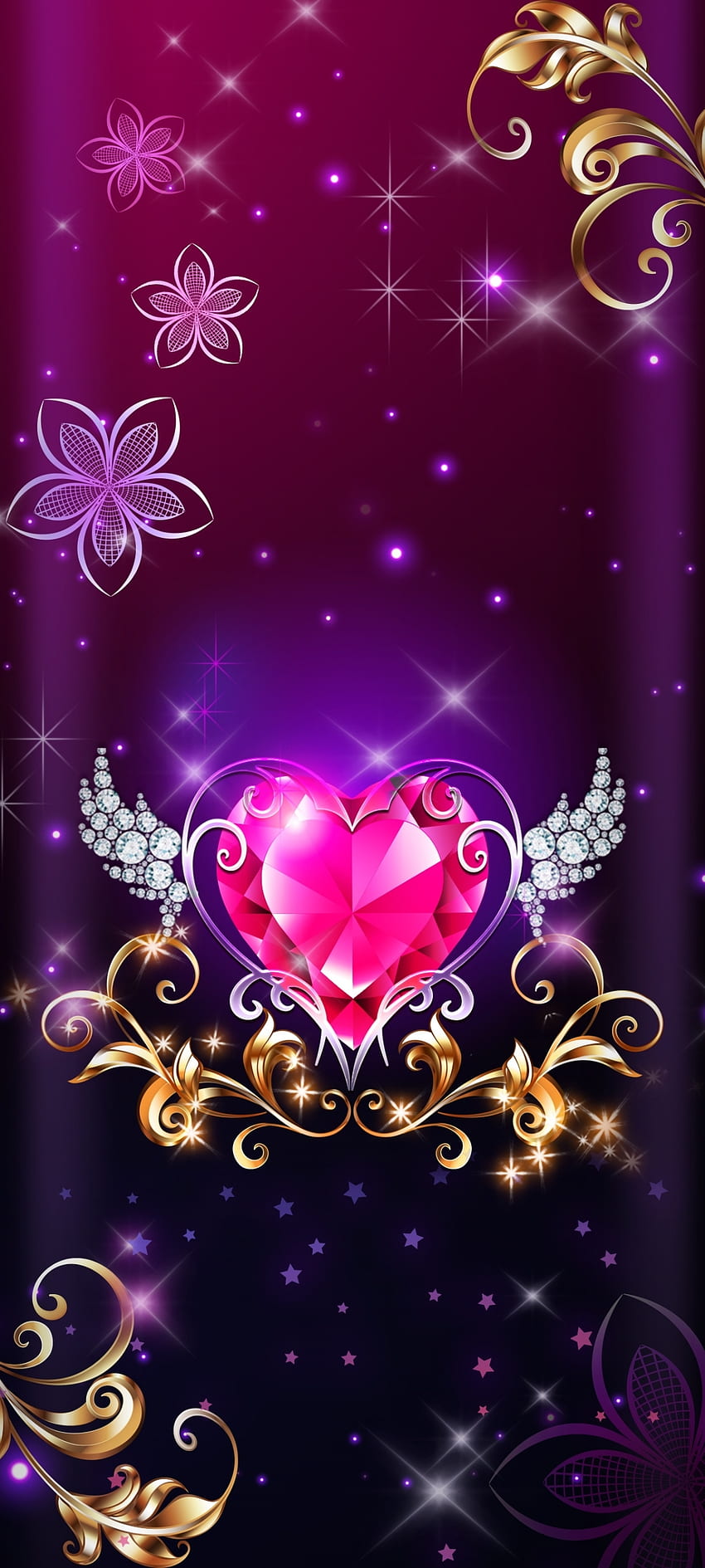 Pink Heart Wing, amore, arte, fiori, lusso, diamante, oro Sfondo del telefono HD