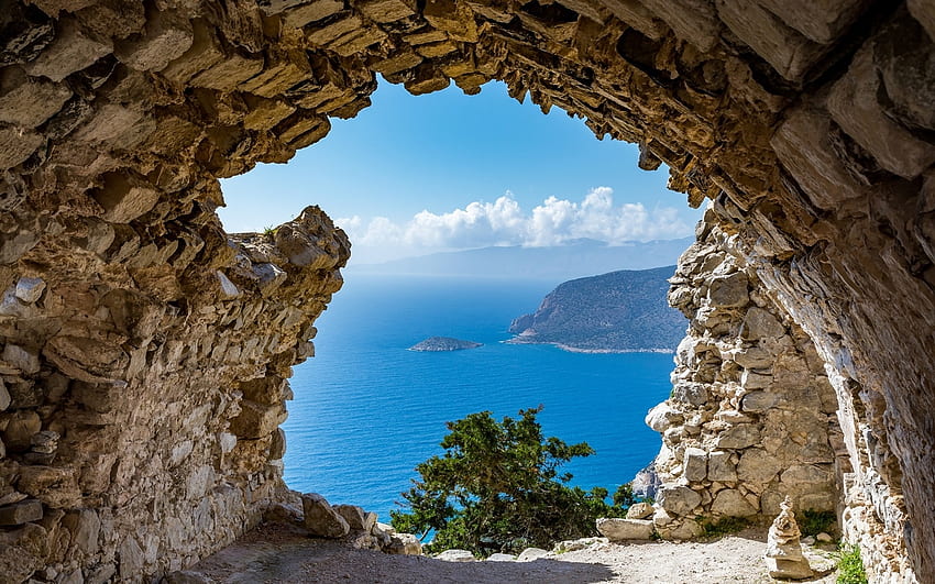 Rhodes Island, Greece, mediterranean, cave, adriatic, tree, stones HD wallpaper