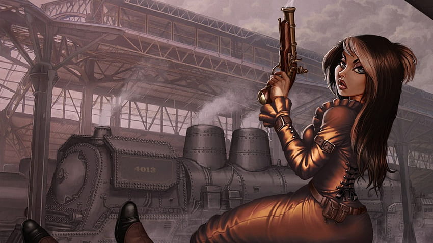Trenes mecánicos Steampunk niñas mujeres hembras morenas armas pistolas pistolas. fondo de pantalla