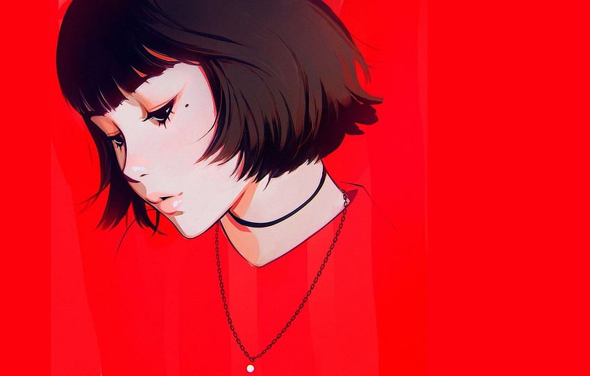 face, haircut, mole, sponge, red background, bangs, portrait of a girl, Ilya Kuvshinov, the chain around his neck for , section арт HD wallpaper