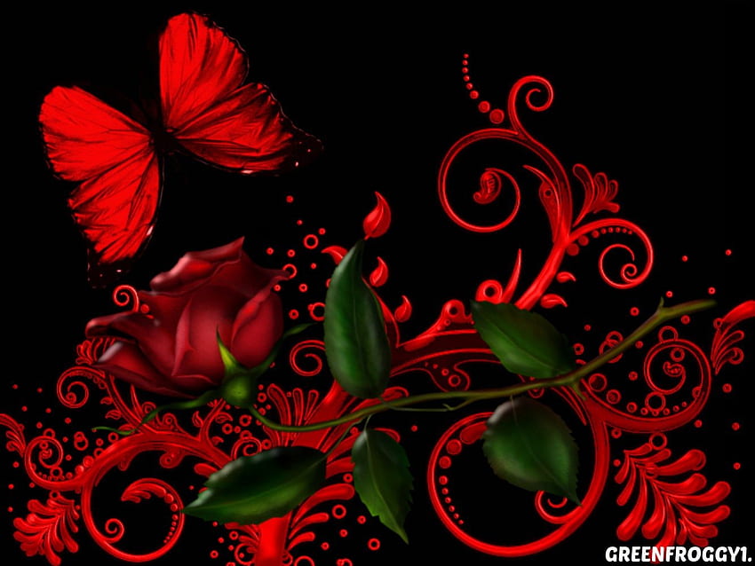 赤い蝶、アート、バラ、蝶、赤の赤いバラ 高画質の壁紙