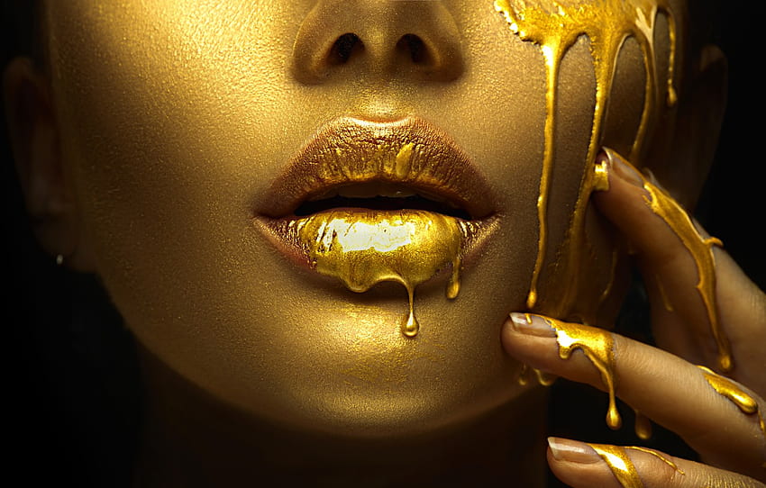 golden, lips, fingers, makeup for , section стиль - , Gold Lips HD wallpaper