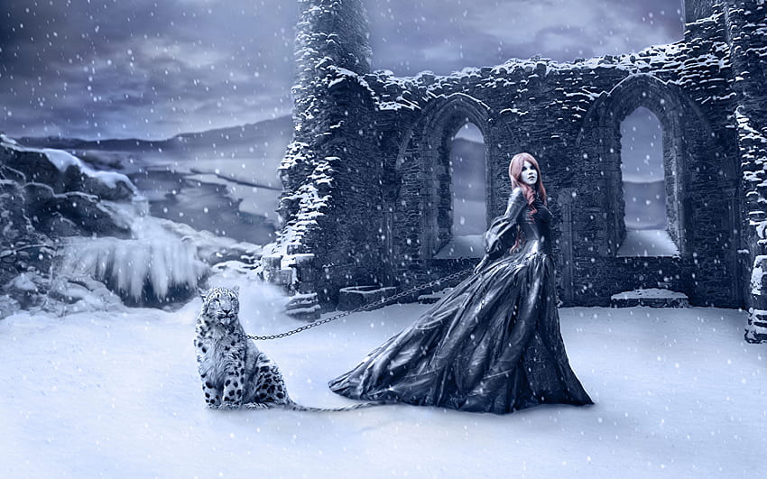 leopard Gothic Fantasy Winter female Fantasy Snowflakes Snow HD wallpaper
