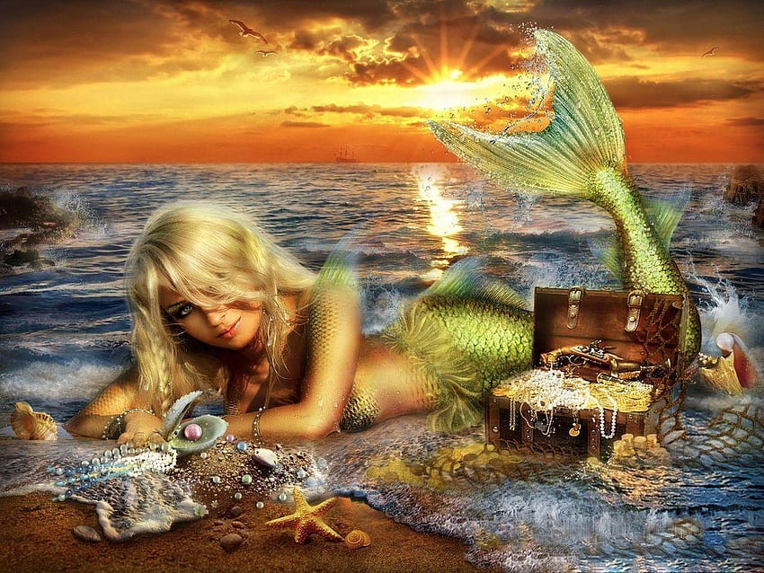 Mermaid's Treasure, sirena, arte, niña, mujer, digital, fantasía, bonita, sirena fondo de pantalla