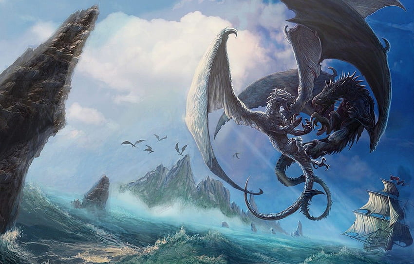 The ocean, Sea, Dragon, Monsters, Rocks, Ship, Battle HD wallpaper