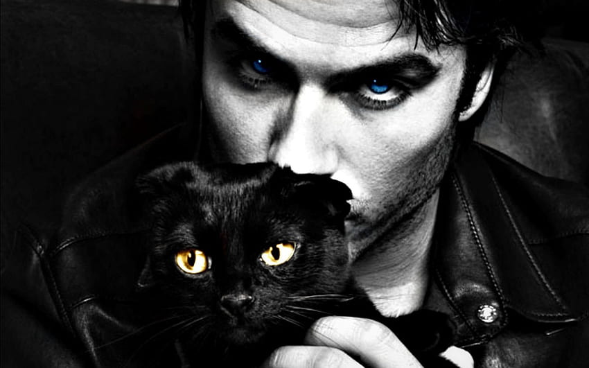Ian Somerhalder, animal, white, black, blue eyes, man, cat, actor, vampire diaries HD wallpaper