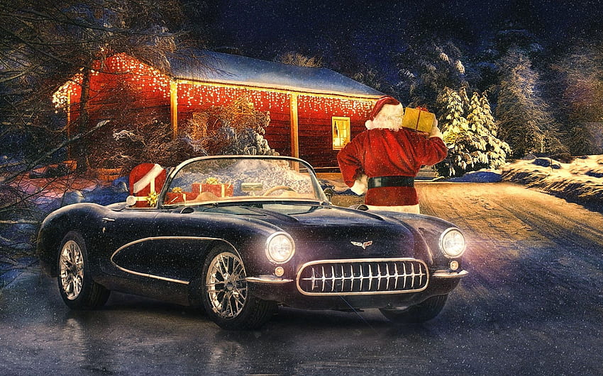 Corvette classic car, winter, snow, lights, New Year, Christmas ,, Corvette Classic Cars HD wallpaper