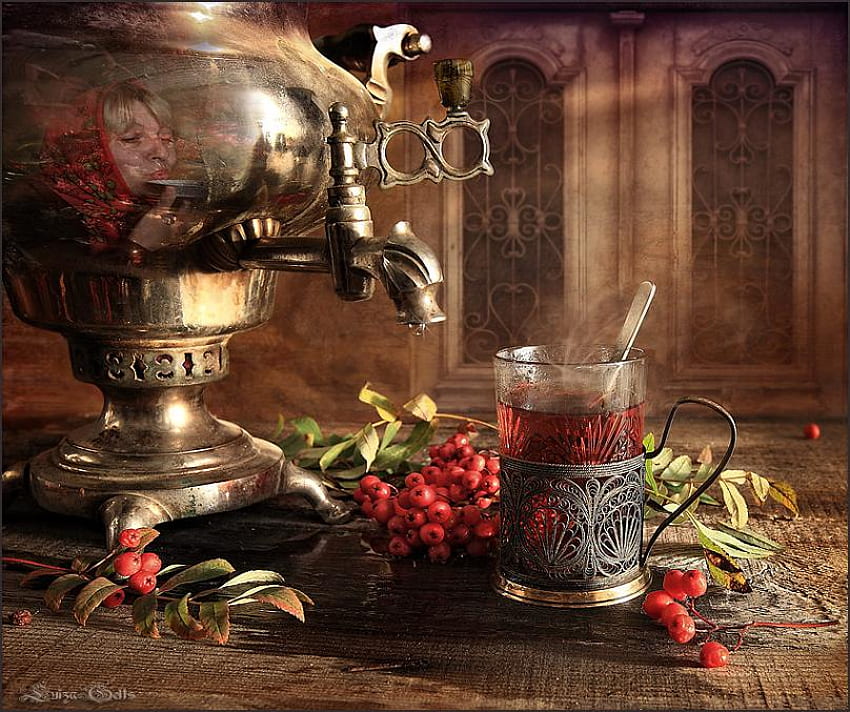 still life, berries, samovar, tea HD wallpaper