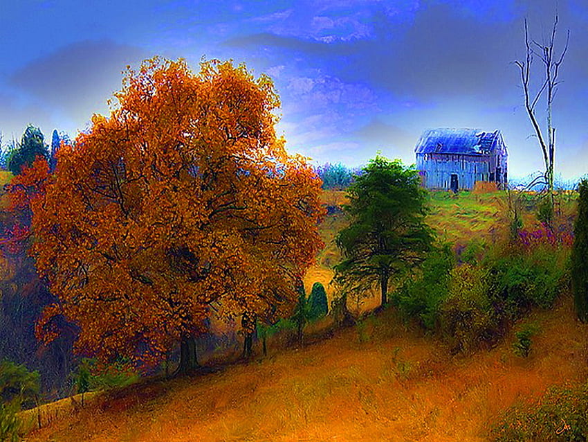 Pittura di campagna autunnale, foglie colorate, vecchio fienile blu, alberi, autunno, strada Sfondo HD