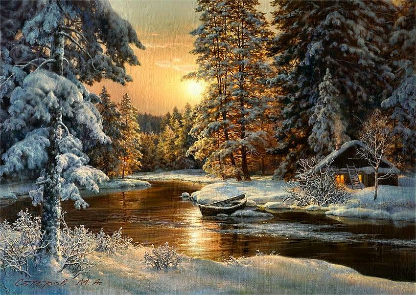 M. Satarov. winter sunset, river, winter, art, house, tree, painting, snow, m satarov, sunset HD wallpaper