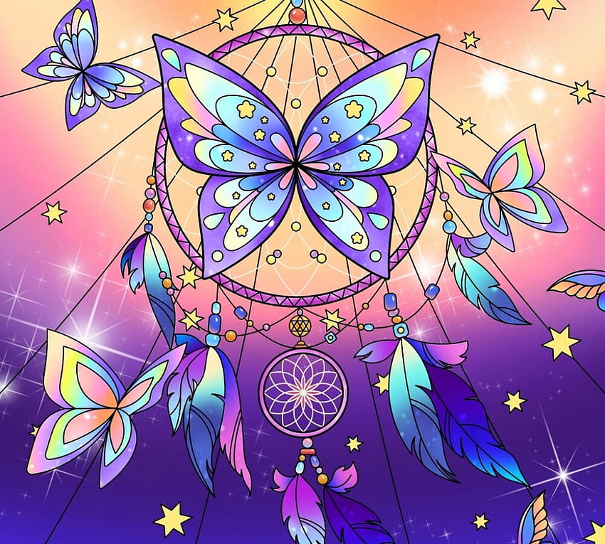 Dreamcatcher, azul, rosa, borboleta, fantasia, arte, amarelo, áspero taggar papel de parede HD