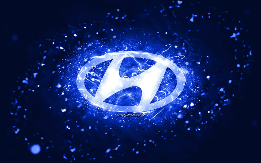 Hyundai dark blue logo, , dark blue neon lights, creative, dark blue abstract background, Hyundai logo, cars brands, Hyundai HD wallpaper