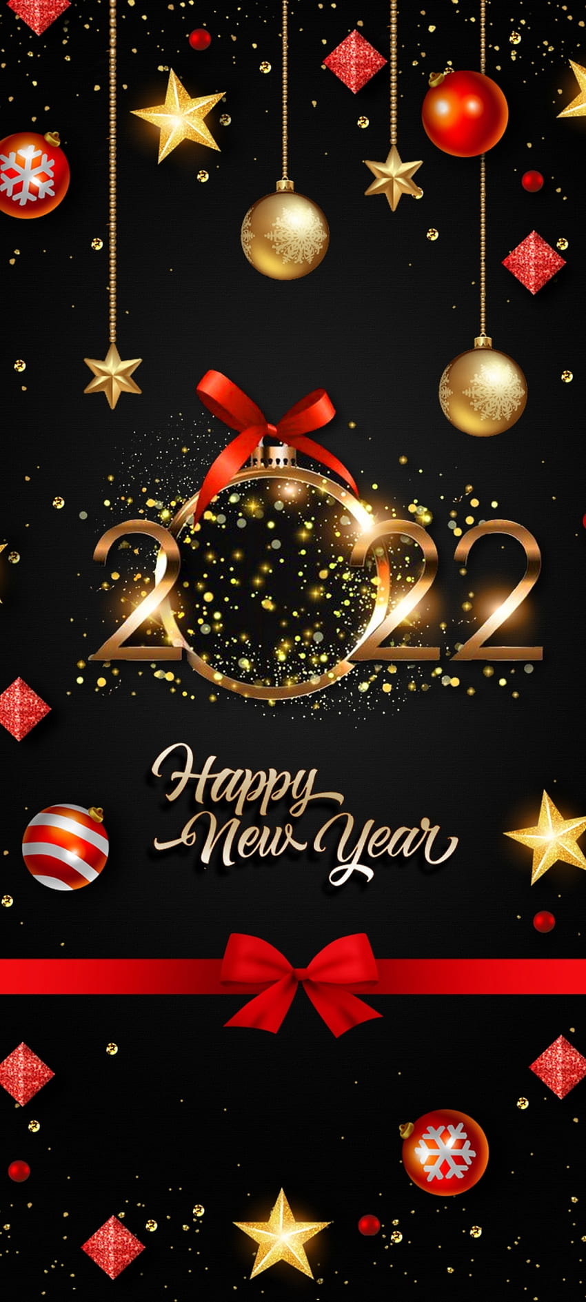 Честита Нова Година 2022, злато, празничен орнамент, панделки, фестивал, тъмен, лукс HD тапет за телефон