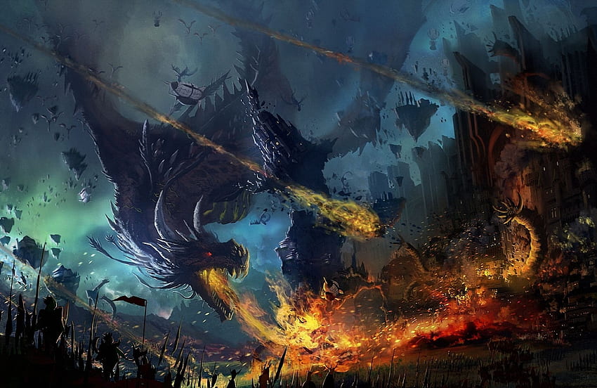Fantasy Dragon Warrior Fantasy Fire Battle City . Lotta del drago, arte fantasy, drago di fuoco Sfondo HD