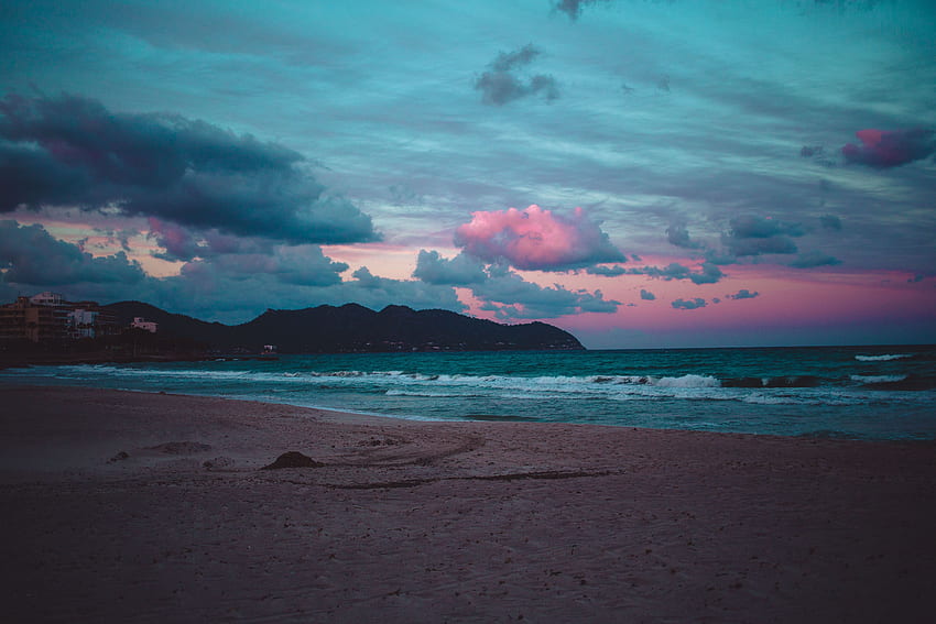 Naturaleza, puesta de sol, mar, arena, orilla, banco fondo de pantalla