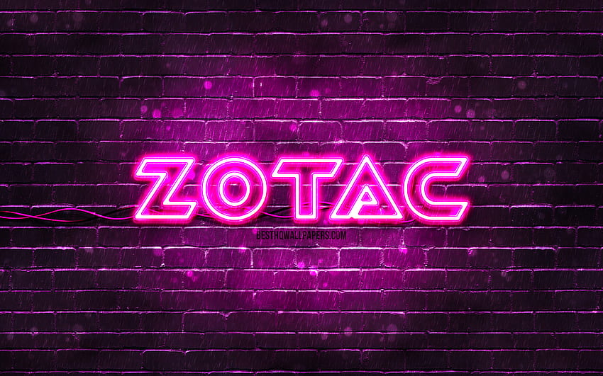 Zotac purple logo, , purple brickwall, Zotac logo, brands, Zotac neon logo, Zotac HD wallpaper
