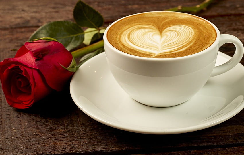 cinta, hati, kopi, mawar, kuncup, cangkir, merah, cinta, mawar, mawar merah, cappuccino, jantung, kayu, cangkir, romantis, kopi untuk , bagian настроения Wallpaper HD