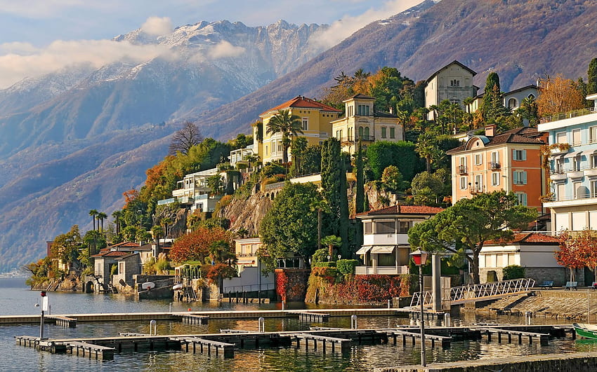 Svizzera, città, casa, paesaggio, molo, bellissimo, case, lago, ponte, nuvole, alberi, natura, cielo, montagne Sfondo HD