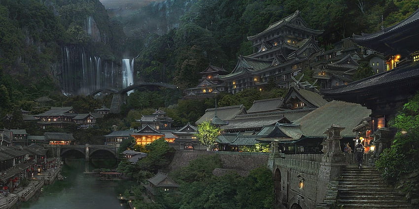 Popoli di Sesho. Montagne giapponesi, città fantasy, paesaggio fantasy, villaggio giapponese Sfondo HD