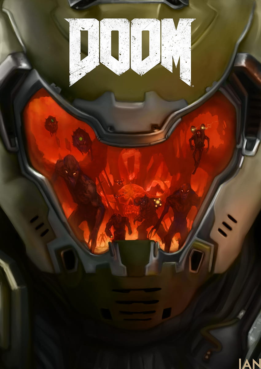 DOOM Eternal, Dämon, leuchtend, Video Game Horror, Doom Slayer, Doom (Spiel), Schwert, Frontalansicht, Doom Guy, Videospiele. Mocah, Doom Slayer Mobile HD-Handy-Hintergrundbild