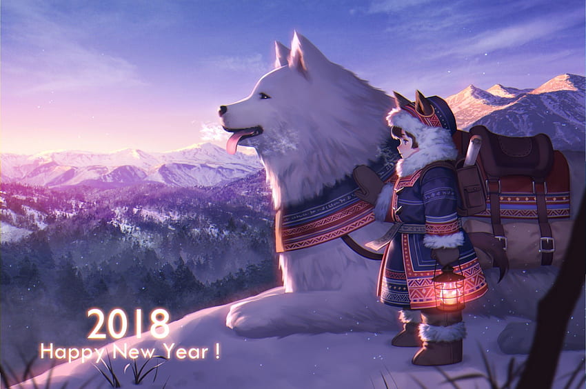 Anime Girl, Wolf, Snow, Lantern, Winter for Chromebook Pixel HD wallpaper