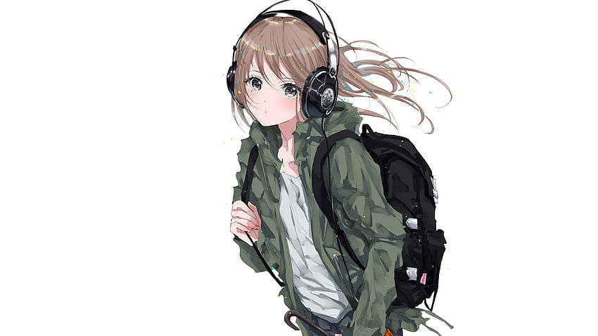 Оригинал, аниме момиче, чанта, слушалки, разходка HD тапет