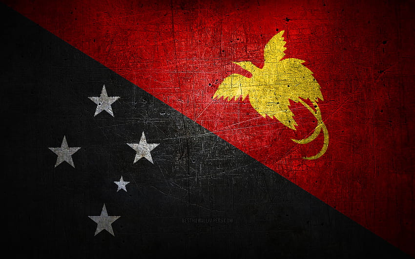 Bendera logam Papua Nugini, seni grunge, negara samudra, Hari Papua Nugini, simbol nasional, bendera Papua Nugini, bendera logam, Bendera Papua Nugini, Oseania, Papua Nugini Wallpaper HD