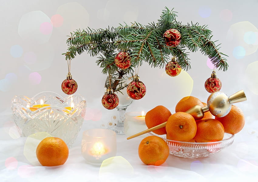 Mandarines, Jour fériés, Nouvel An, Bougies, Noël, Branche, Table, Friandises Fond d'écran HD