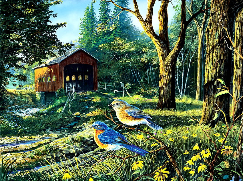 Sleepy Hollow Bluebirds, animale, uccelli canori, uccello, arte, bellissimo, illustrazione, aviaria, opera d'arte, schermo panoramico, fauna selvatica, pittura, uccelli blu, natura Sfondo HD