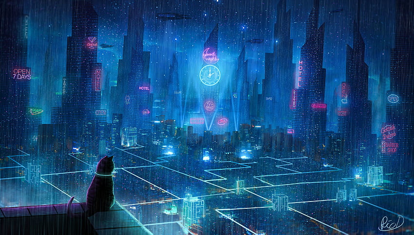 Kunst, Stadt, Katze, Cyberpunk, Megalopolis, Megapolis, Dach, Zukunft, Neonlichter HD-Hintergrundbild