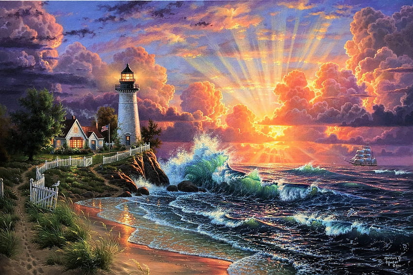 Sonnenuntergang, Meer, Leuchtturm, Kunst, Abraham Hunter, Sommer, Malerei, , Wasser, Vara, Welle HD-Hintergrundbild