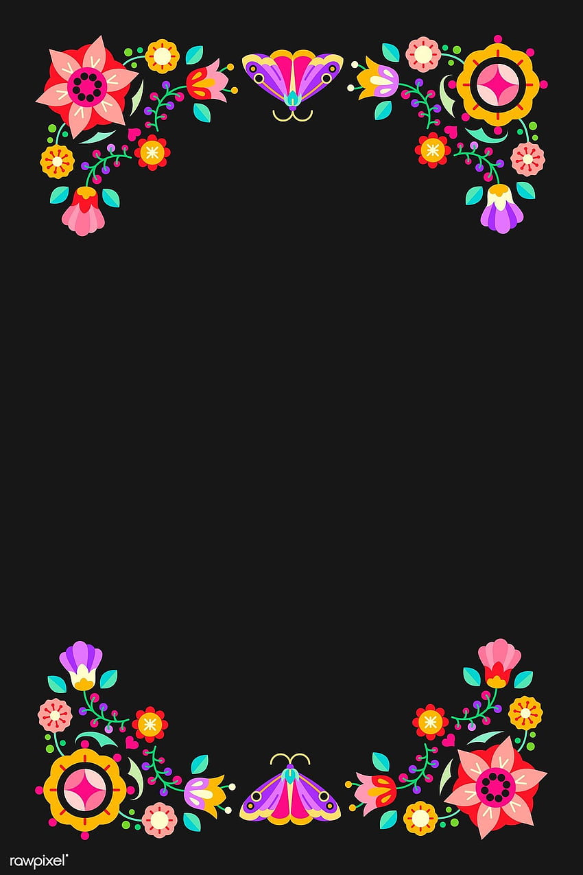 꽃과 곤충 민속 디자인 요소 프레임의 프리미엄 벡터. 민속 디자인, 멕시코 파티 테마, 멕시코 초대장, 히스패닉 HD 전화 배경 화면