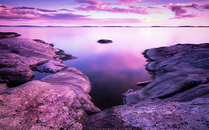 Felsen-Rosa-Landschafts-Abend-Meer-Entschließung HD-Hintergrundbild