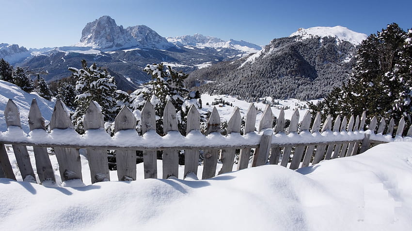 Val Gardena, South Tyrol, Italy, fence, landscape, trees, folomites, mountains HD wallpaper