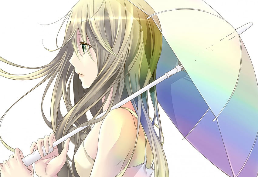 Anime Girl, looking, umbrella, rainbow, drass, long hair, hair HD wallpaper