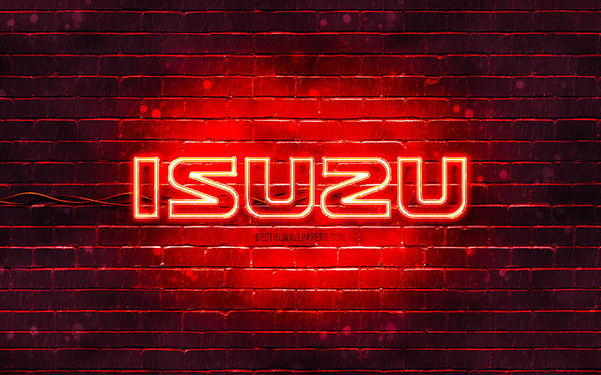 Logo Isuzu rosso, , brickwall rosso, logo Isuzu, marche automobilistiche, logo neon Isuzu, Isuzu Sfondo HD