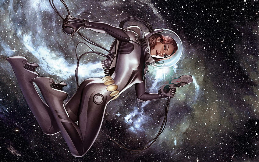 Sci Fi - Women Warrior Retro Pistol Traje espacial Girls & Guns Adventure fondo de pantalla
