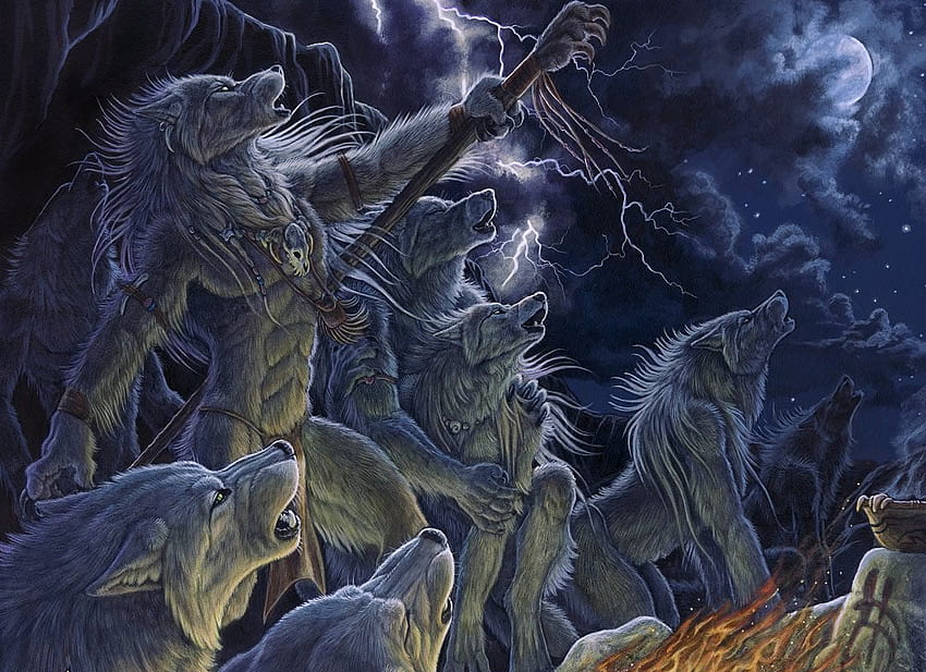 The storm, blue, wolves, fantasy, storm HD wallpaper