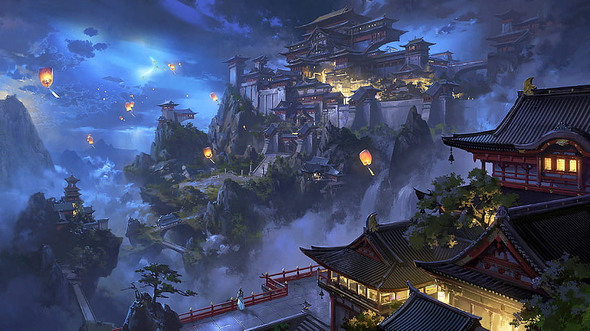 Anime Sky Lantern Mountain Japanese Castle Night Scenery HD wallpaper