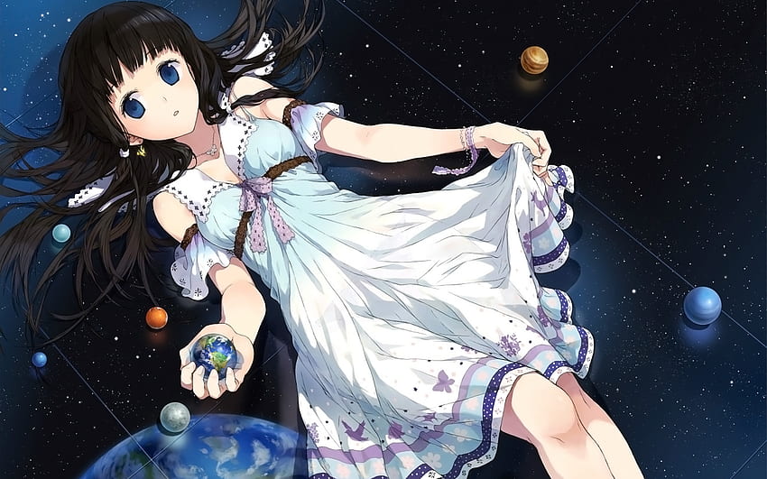 Cute Anime Girl Lying on Space Floor, cute anime girl, planetas, olhos azuis, fitas, estrelas, cabelo preto, vestido, terra, espaço sideral, deitado no chão papel de parede HD