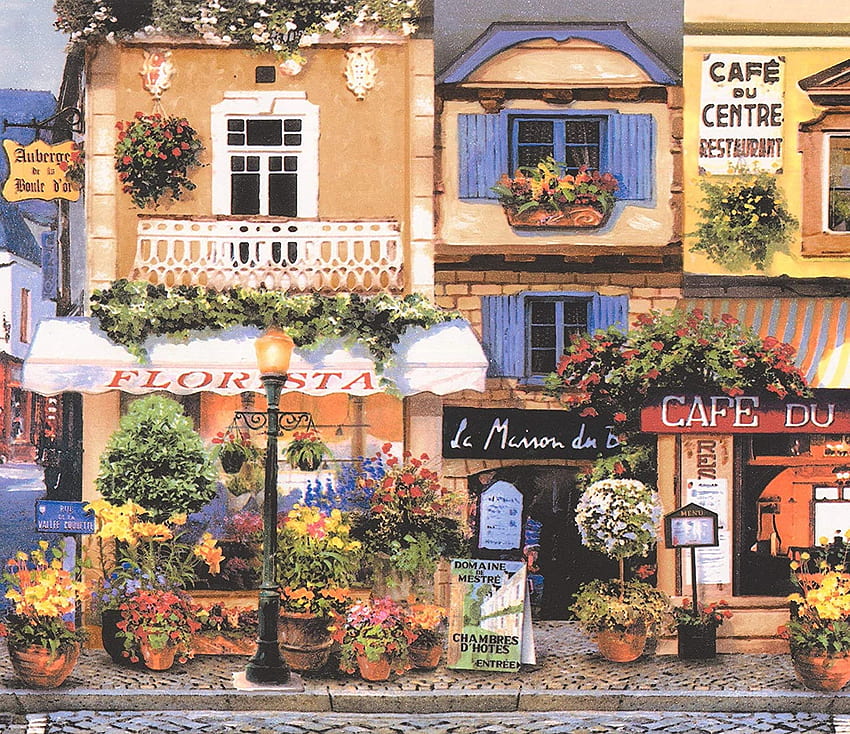 Retro French Town Paris Lille Restaurants Cafe Yellow Blue Border Vintage Design, Roll 15' x 7.75'' HD wallpaper