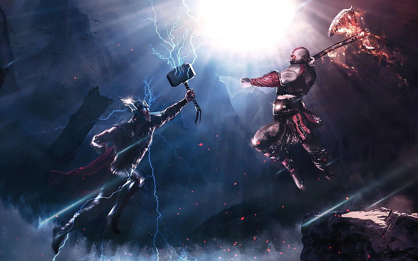 Kratos Vs Thor, Dövüş, Karşıdan karşıya geçiş, Yıldırım, Thor Axe HD duvar kağıdı