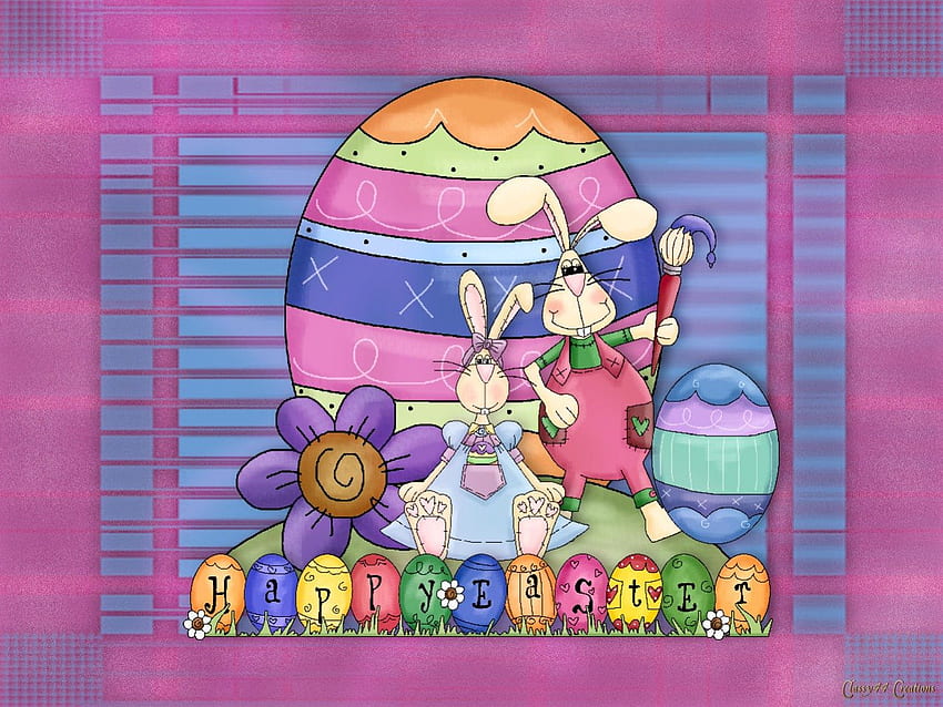 Bunny Egg Farmer, blue, white, cute, spring, bunny, purple, pink, holiday, yellow, farmer, flowers, easter, pastels HD wallpaper
