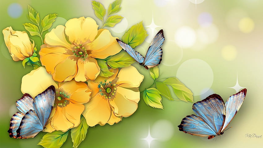 ดอกไม้: ดอกไม้สีเหลือง ผีเสื้อสีฟ้า สีน้ำ ฤดูร้อน มีกลิ่นหอม ดอกไม้สีเหลือง ศิลปะดอกไม้สีเหลือง สีน้ำผีเสื้อ ดอกไม้สีเขียวและสีเหลือง วอลล์เปเปอร์ HD