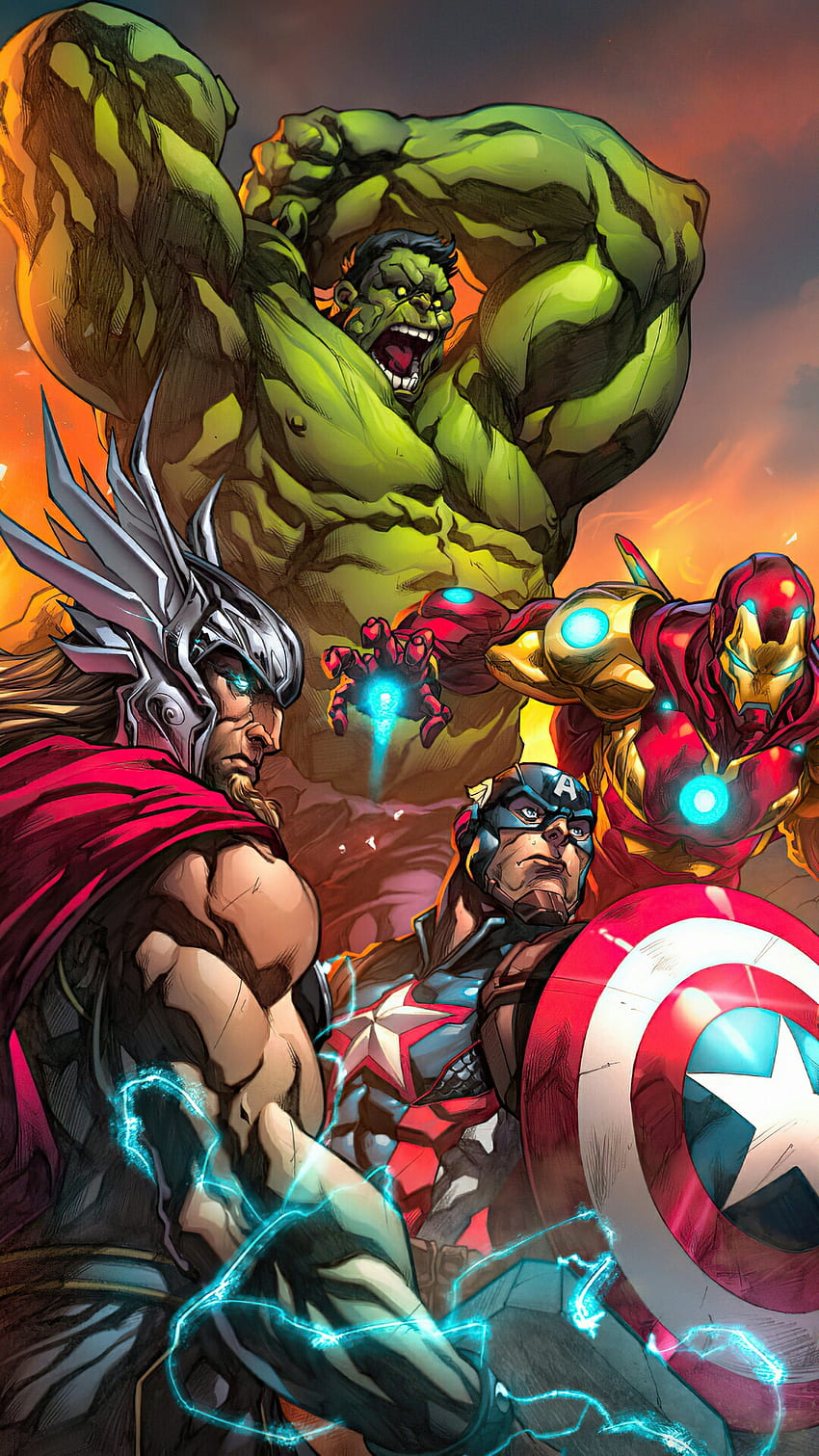 Avengers, Thor, Ironman, komiksy, Kapitan Ameryka, Hulk, Marvel, anime, cuda Tapeta na telefon HD