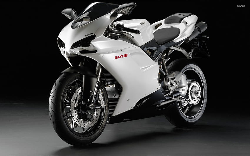 Front side view of a white Ducati 848 - Motorcycle HD wallpaper