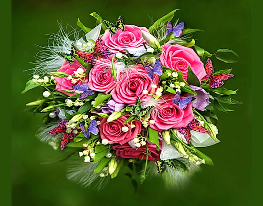 ช่อดอกไม้สำหรับปีใหม่ ผีเสื้อ สีม่วง สีชมพู ดอกกุหลาบ สีแดง ดอกไม้ พื้นหลังสีเขียว การจัด วอลล์เปเปอร์ HD